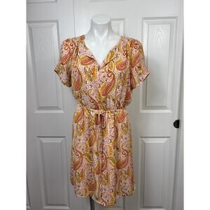 DR2 Women's Mini Dress Medium NWT Orange Paisley Split Neckline Short Sleeve